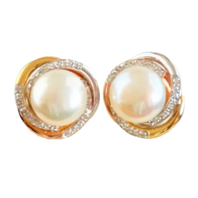 Pendientes de botón Marco de Remolino con armazón de acento de agua dulce y diamantes